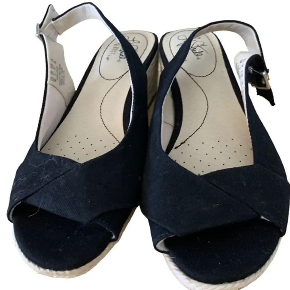 Life stride soft system black espadrilles sling‎ back open toe wedges size 7